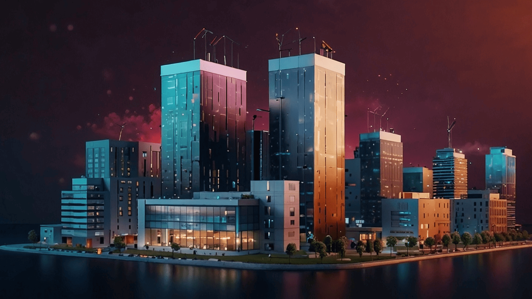 Futuristic city skyline at night with illuminated high-rise buildings reflecting on the wate