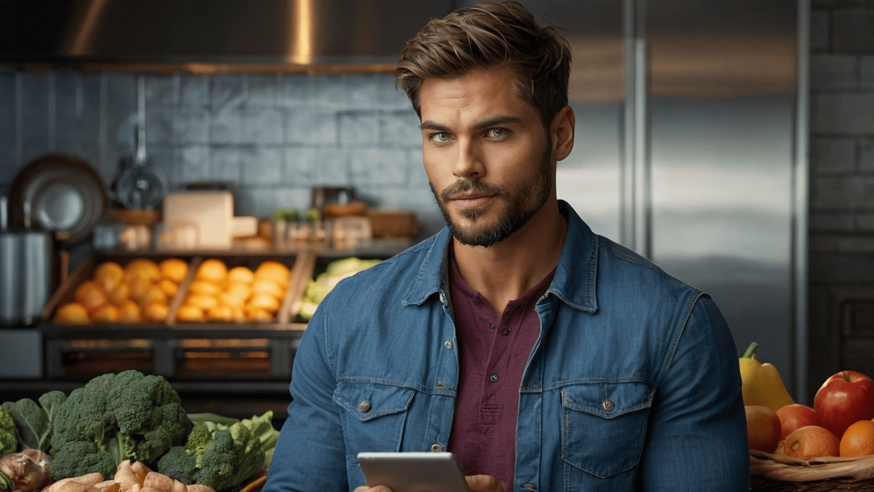 Man with smartphone in grocery store — food industry tech trends 2024–2025