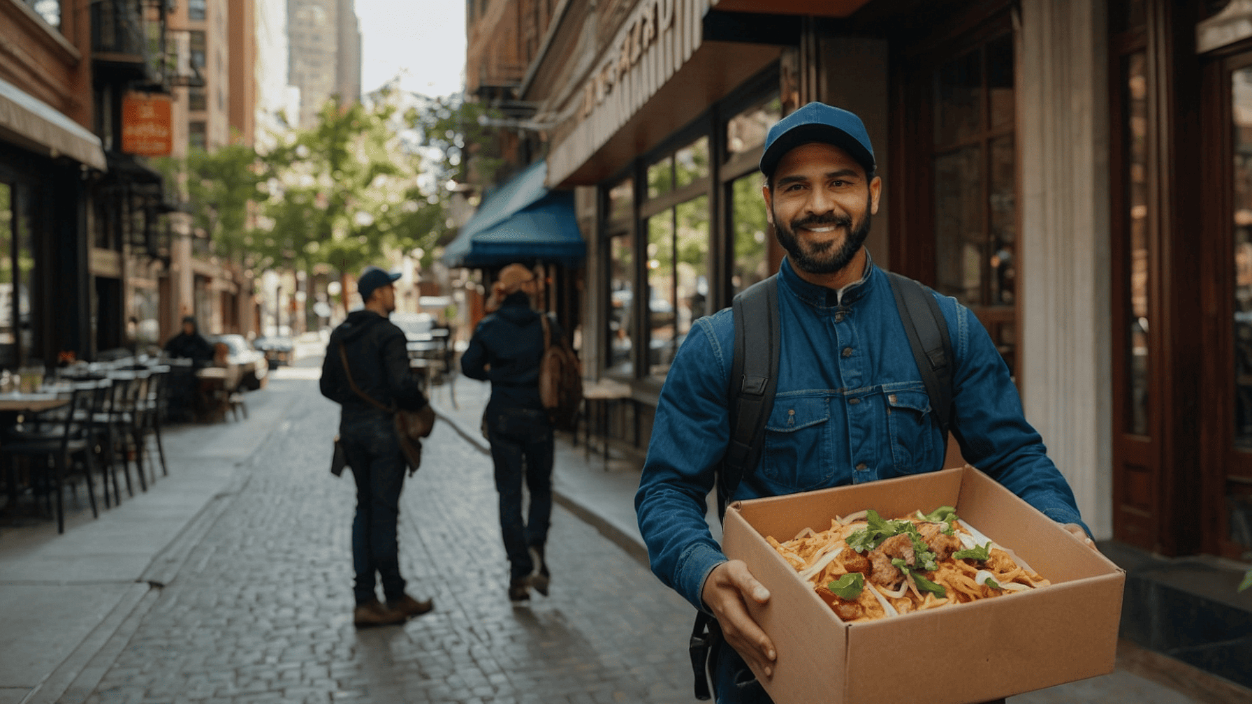 Smiling food courier holding takeout box on city street — urban delivery service concept