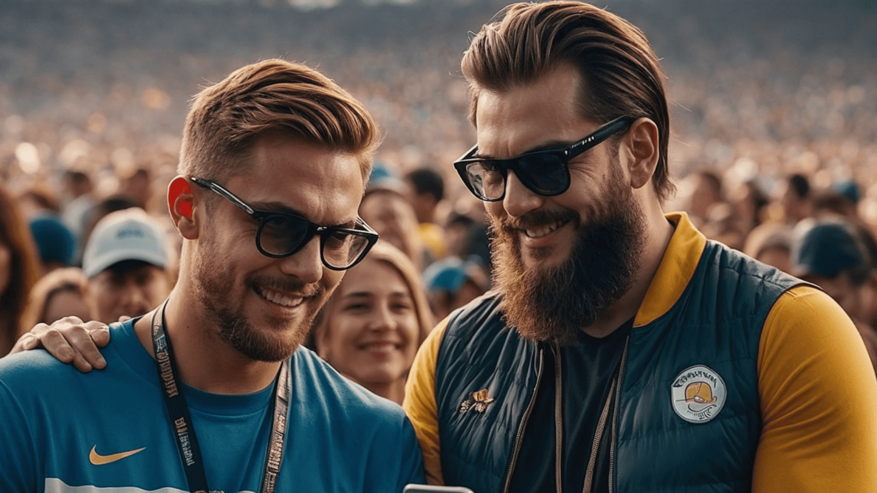 Two smiling fans checking phone at a crowded stadium — modern sports tech engagement moment