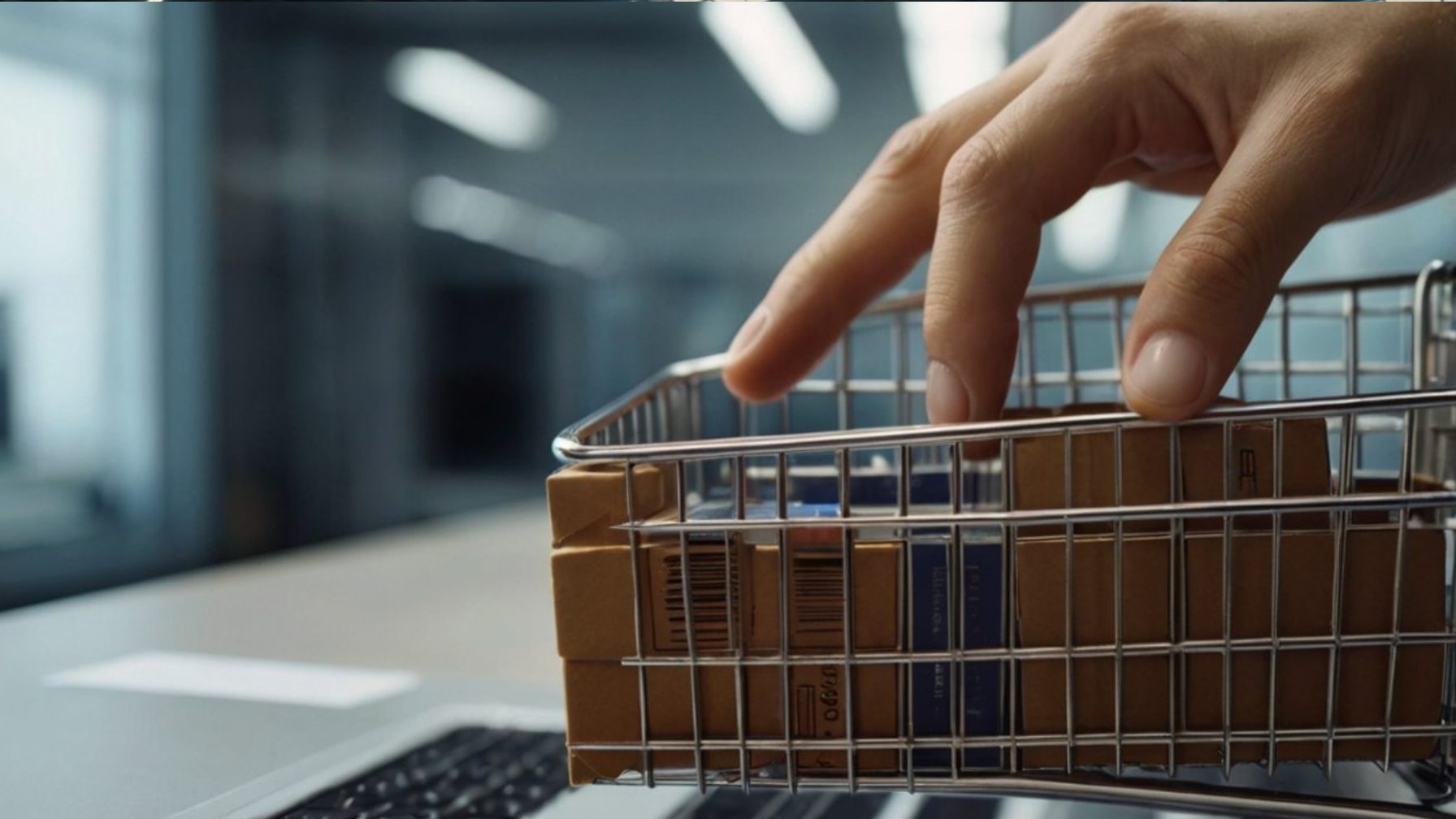 Hand with mini shopping cart on laptop: personalization and sustainability trends in modern e-commerce.