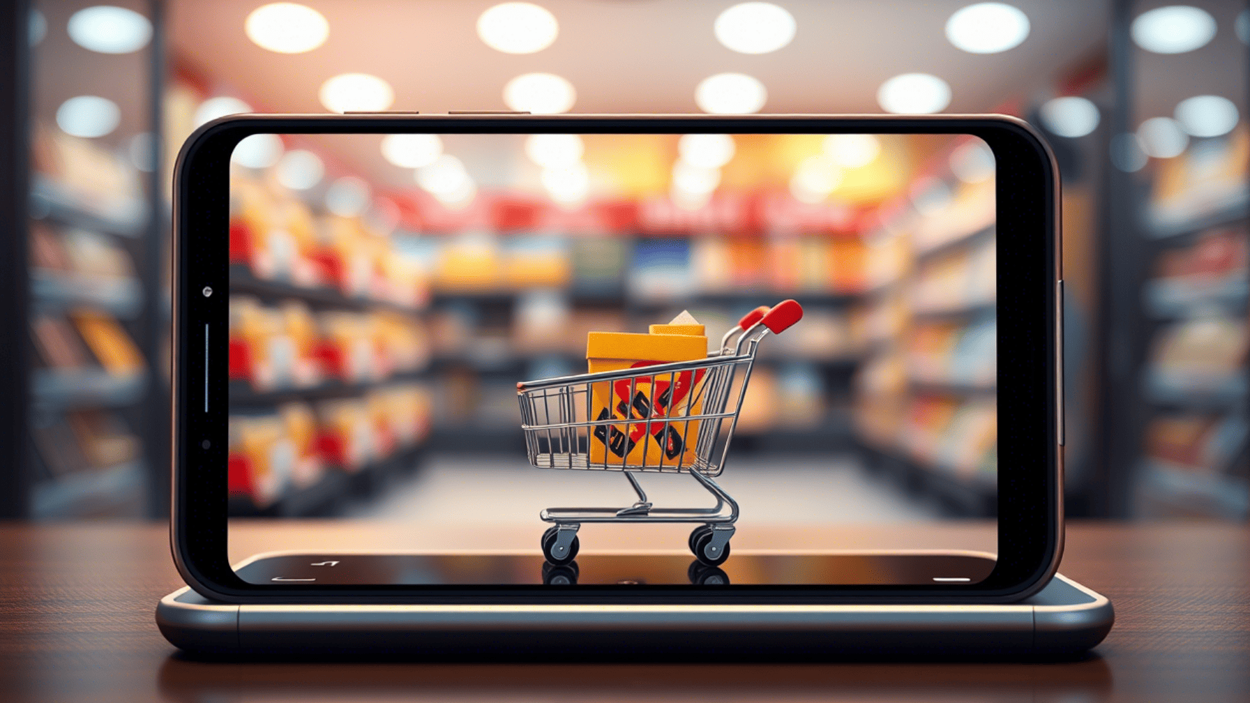 Shopping cart on smartphone screen in store setting, symbolizing online shopping UX and UI-driven purchase behavior.